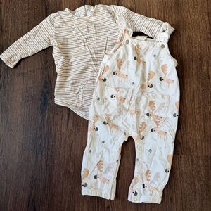 Striped Beige Bodysuit and Moose Print Overalls Set